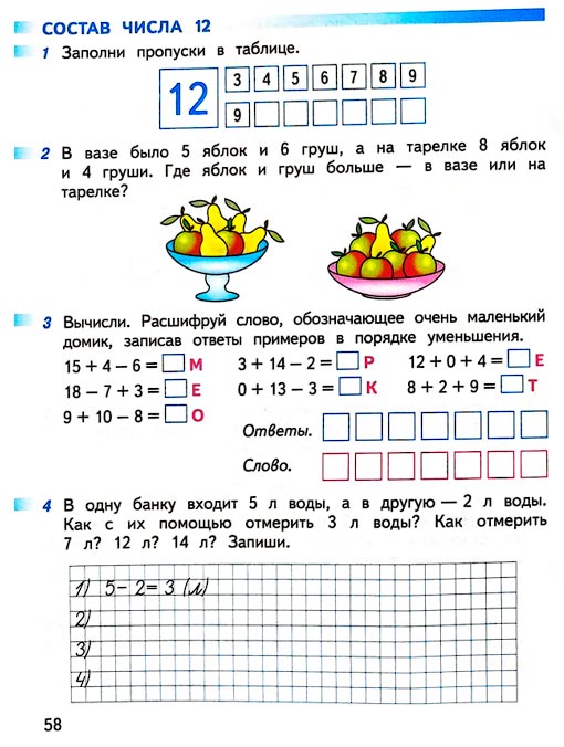Страница 58 из рабочей тетради по математике 1 класс Дорофеев, Миракова, Бука - 2 часть